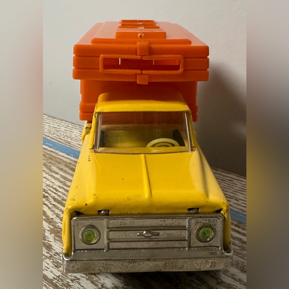 Yellow Chevy Pick-Up Truck pressed steel, orange shell made of plastic   Japan